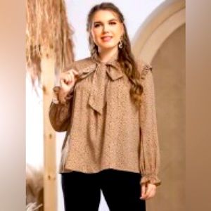 Plus All Over Print Tie Neck Blouse